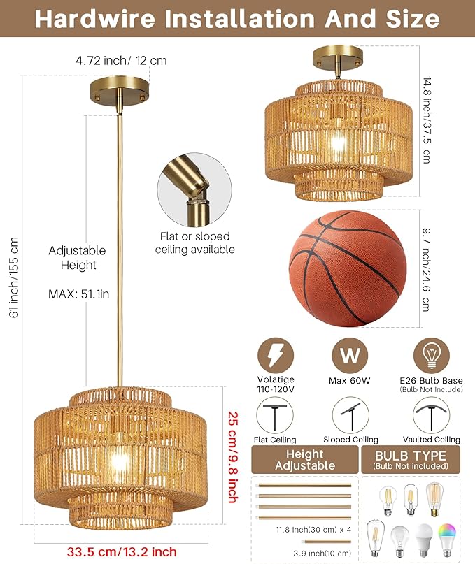 13" Boho Rattan Pendant Light Fixture, Hand Woven Wicker Hanging Lamp with Gold Ceiling Mount, Modern Farmhouse Lighting for Kitchen Island, Dining Room, Bedroom, Living Room, Entryway