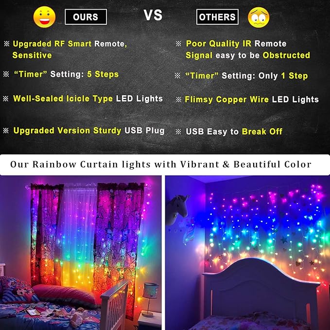 Rainbow Fairy String Curtain Lights with Remote, Twinkle LED Ombre Light Curtain for Girls Room, Kid's Bedroom, Teen Room, Unicorn Theme, Party, Easter Décor Gift (Rainbow)
