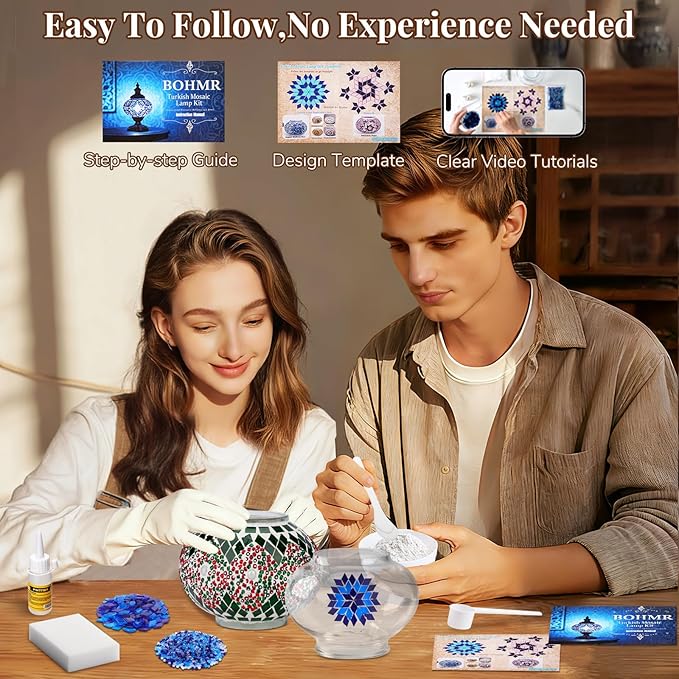 DIY Turkish Mosaic Lamp Kit, Stained Glass Table Lamp Making Kit- Easy and Fun, No Experience Needed, Mosaic Art & Craft Project Kits for Adults & Teens, Make Your Own Table Lamp, Green