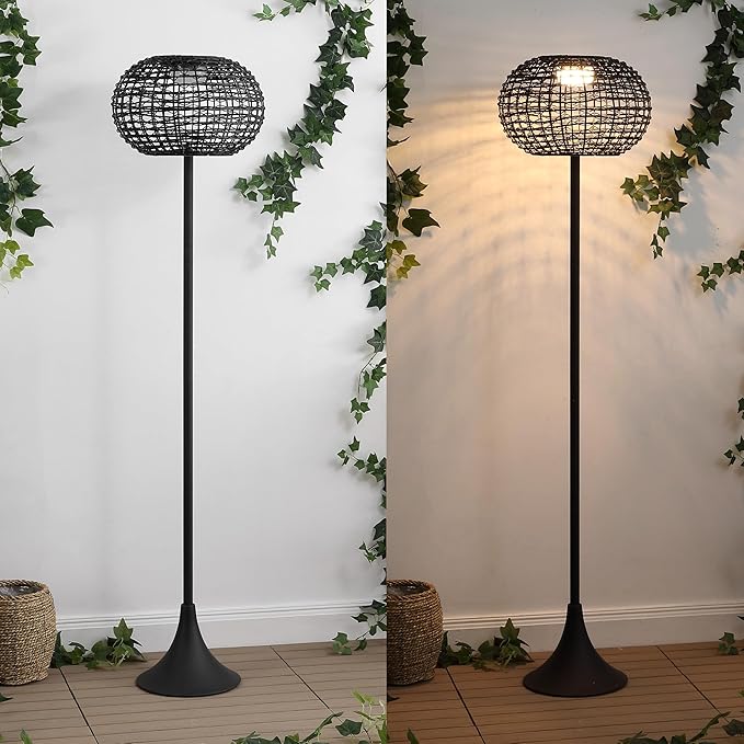 JONATHAN Y 58" Black Modern Outdoor Solar Floor Lamp, Waterproof LED Standing Light for Patio, Deck, Porch, Faux Rattan Shade, USB-C Rechargeable, Coastal Decor JYL2601A