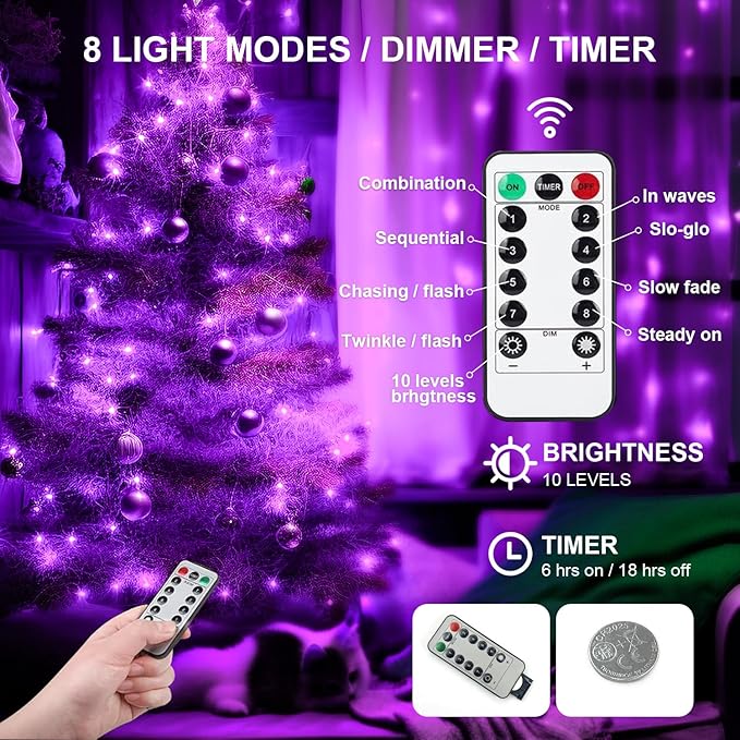 Aogist 50LED Fairy Lights 16ft Dual Power(USB/Battery) with Remote & Timer, 8 Modes Flexible Copper Wire Waterproof String Lights for Outdoor Christmas Wedding Bedroom Party Decor-1 Pack,Purple
