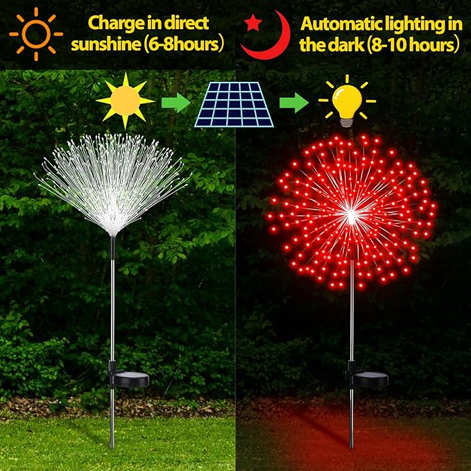 6 Pcs Solar Firework Stake Lights 180 LED 8 Modes Solar Waterproof LED Sparkler Lights Outdoor Decoration for Wedding Mother's Day Garden Patio Yard Pathway Walkway Lawn (Red, White)