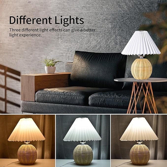 Korean Pleated Table Lamp Ins DIY Ceramic Table Lamps for Living Room Home Deco Cute Lamp with Tricolor Led Bulb Beside Lamp… Rattan and White