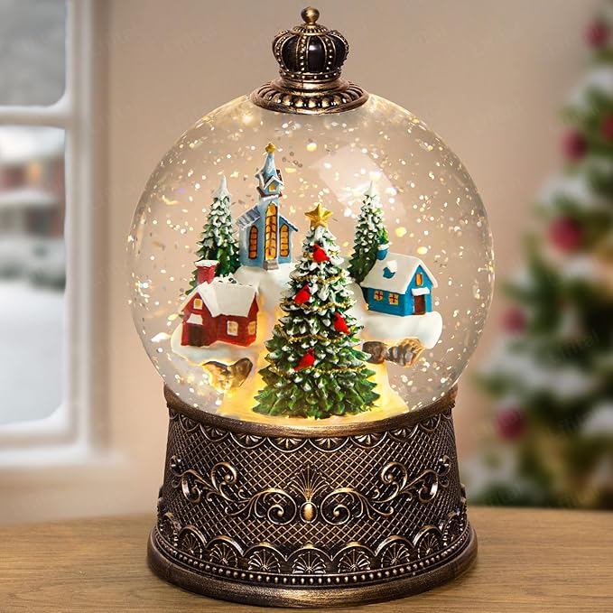 Christmas Snow Globes Village Snow Globe Lantern, Lighted Christmas Decorations Indoor for Home with Music Timer Glitter, Mountain Church, Musical Festival Gifts, USB & Battery Operated