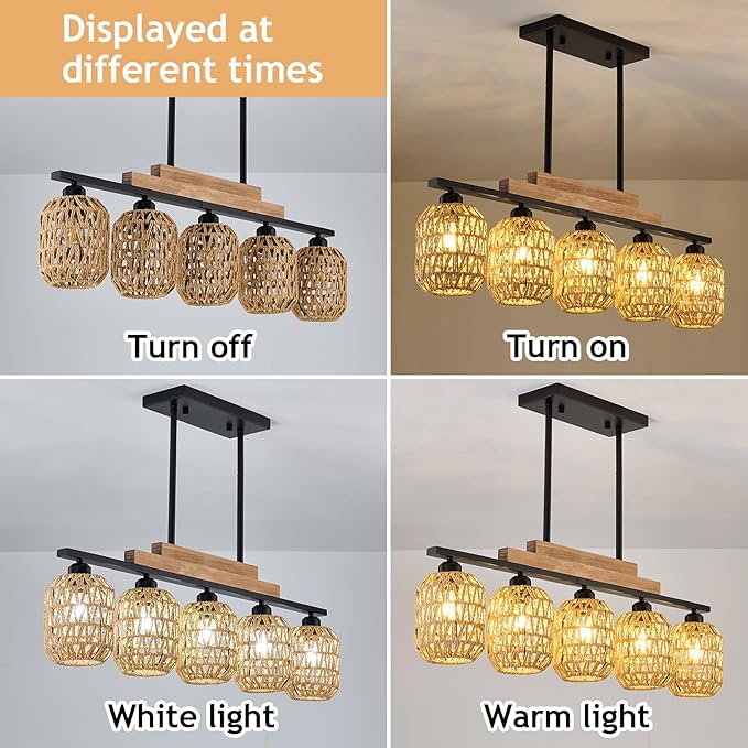 Dining Room Light Fixture 5 Light Large Rattan Kitchen Island Lighting with Boho Wicker Shade Chandelier Farmhouse Hanging Pendant Light for Living Room Bar Restaurant Bedroom