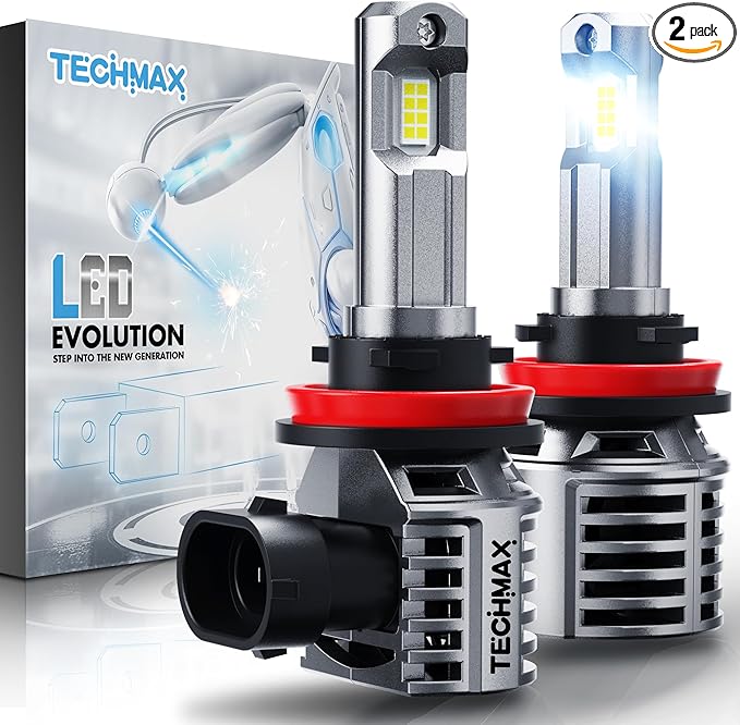 TECHMAX H 11 Bulbs, +600% Ultra Brightness 6500K White H8 H9 H16 H 11 Fog Light Bulb with Cooling Fan, Plug and Play, Pack of 2