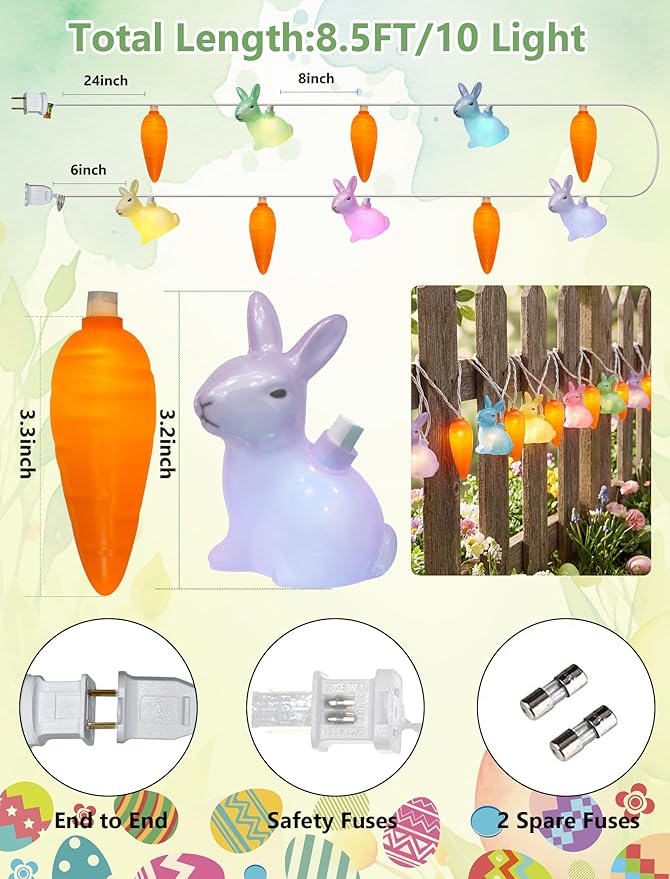 Abeja Multicolored Rabbit Carrot String Light, 8.5FT LED Easter Fairy Light with 10 LED Rabbit Carrot Lights, Easter String Lights for Kids Bedroom Garden Wall Home Easter Decorations