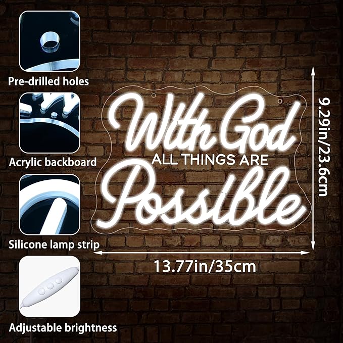 With God All Things Are Possible Neon Sign for Wall Decor Dimmable God LED Neon Light Jesus Christian Decor for PrayerRoom Home Church Party White Inspirational Signs Wall Art Size 13.8*9.3in(GLNP214)