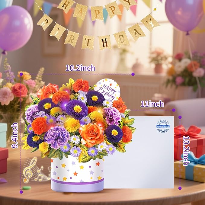 Birthday Cards, Happy Birthday Cards with Music & Lights, Daisy and Yellow Rose, 10 Inch Life Sized Forever Flower Bouquet Greeting Card Gifts for Wife Women Mom Grandma Sister