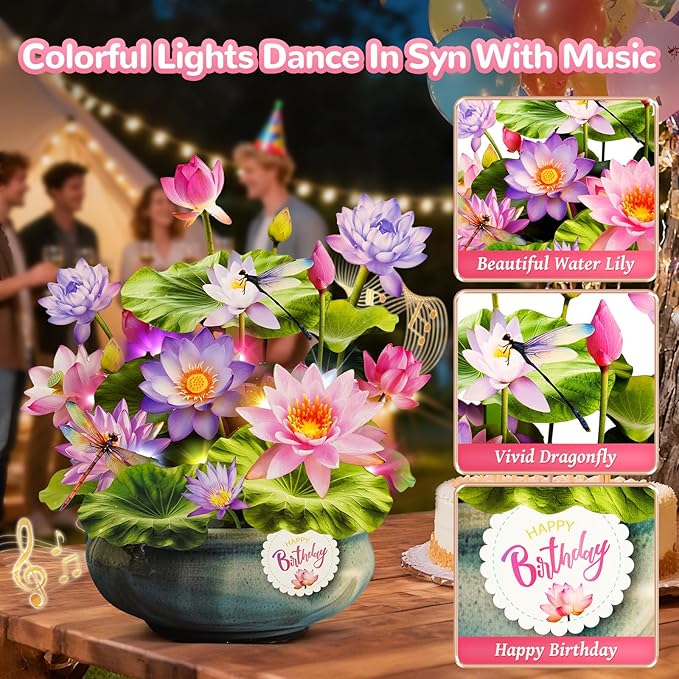 Birthday Cards with MUSIC & LIGHTS, Pop Up Happy Birthday Card, Water Lily & Dragonfly, 10 Inch Life Sized Forever Flower Bouquet Gifts for Women Mom Grandma