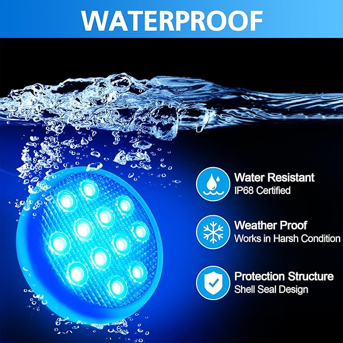 2PCS Ultra-Bright Rechargeable Submersible LED Pool Lights – IP68 Waterproof, 16 Colors, 6 Modes, RF Remote, Magnetic Base & Glue Mount –for Pools, Ponds, Hot Tubs & Fountains