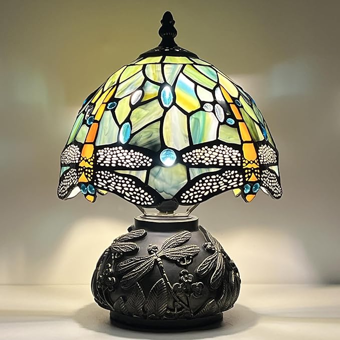Small Tiffany Mushroom Table Lamp,Mini Memory Sympathy Antique lamp 8X11 Inch (Brown Dragonfly)
