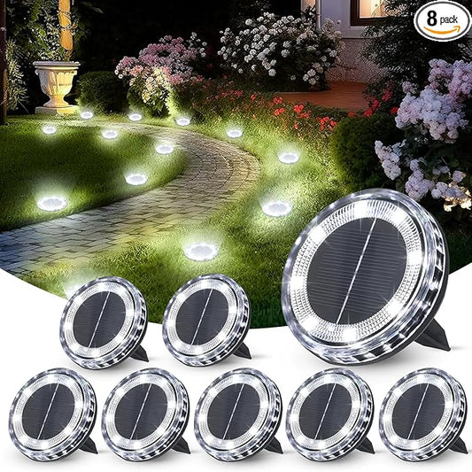 8 Pack Solar Ground Lights Outdoor Waterproof, 8 LED Solar Disc Lights, IP65 Waterproof Long Lasting Flat Light for Garden Pathway Walkway (Cool White)