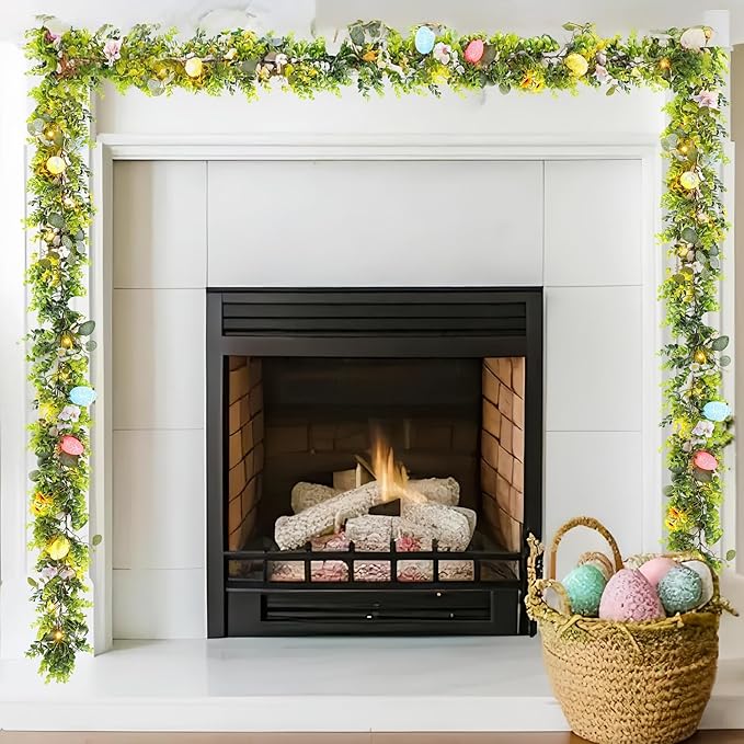 Easter Garland Decorations-6FT Spring Floral Egg Garland with Eucalyptus Leaf Flower,Battery Operated with Timer for Mantle Fireplace Door Home Office