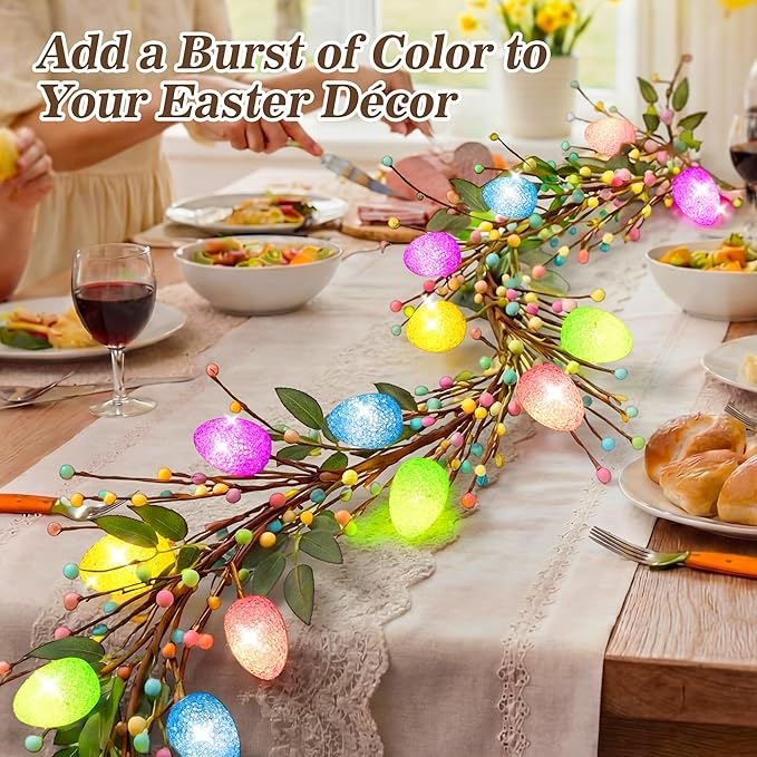 Enhon 6ft Easter Garland with Light, 15 LED Easter Egg Decoration, Spring Decorative for Mantle, Table Centerpieces, Stair Railing, Doorway, Windowsills, Front Door Décor & Party