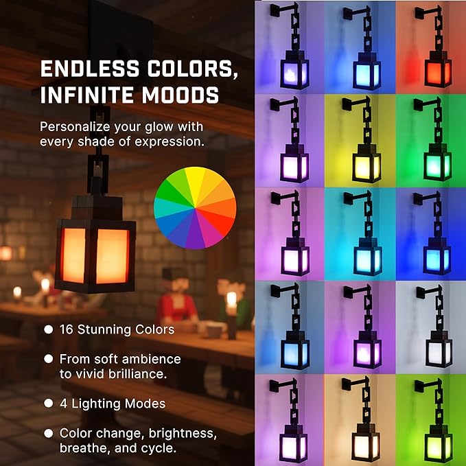 Pixelated Lantern Night Light Lamp - 16 Color RGB Table or Hanging Pixel Mood Light with Chain - Wall Mountable Touch Switch & Remote Control Rechargeable Torch Room Decor LED Light