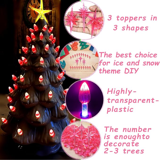 Ceramic Christmas Tree Replacement Lights Bulbs, Pink Medium Twist Plastics Pegs Ornaments for Ceramic Tree(87 Bulbs＆ 3 Topper Star)
