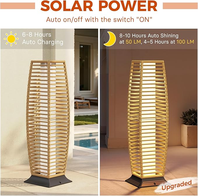 Grand patio Outdoor Floor Lamp Solar Lantern, Water-Resistant Natural Wicker Boho Patio Light with 50/100 Lumens Dual Brightness & Memory Mode for Garden Porch Deck Decor, Large Crossover Natural