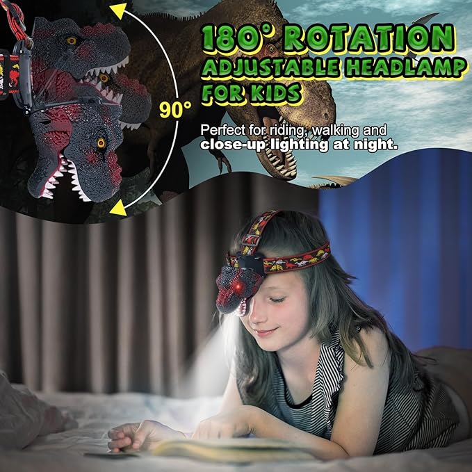 Dinosaur Headlamp for Kids Flashlight Rechargeable Led Headlights Roar & Silent Mode, T-Rex Dinosaur Toys for Kids 3-5 4-6 5-7 6-8, Camping Gear, Easter Gifts for Boys Girls Adults