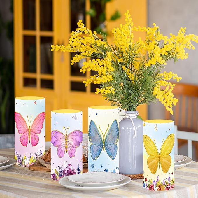 Tiamon Butterfly Flameless Candles Led Butterfly Candles Battery Operated Purple Flickering with 18-Key Remote Timer Pillar for Garden Flower Plants Party Table Decorations
