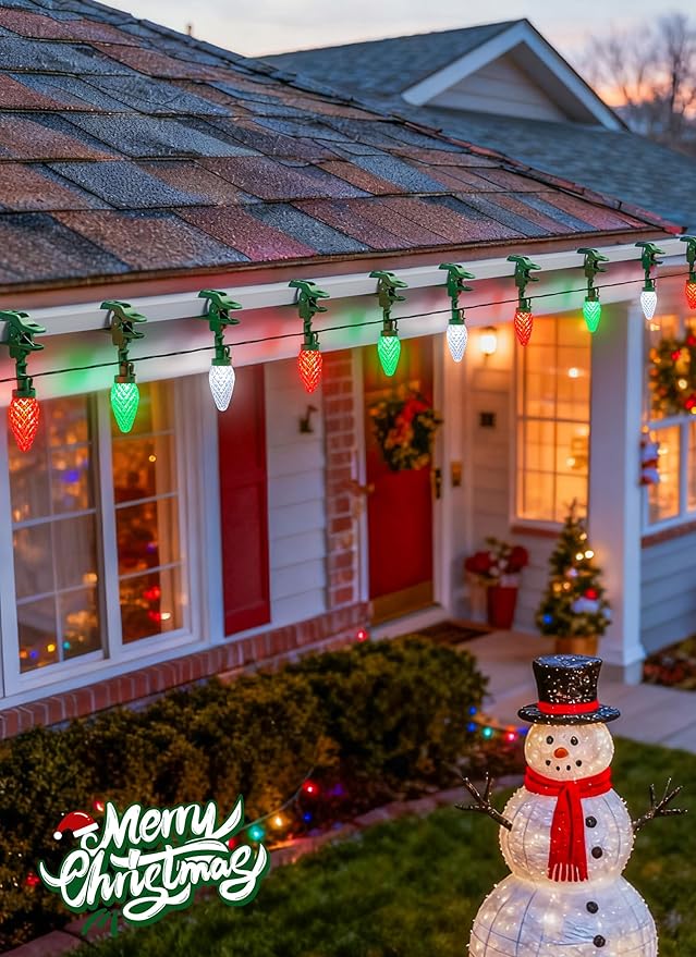 C9 LED Christmas Lights Outdoor, 99 Feet 150 LED C9 String Light with 150 Spring Clips, Waterproof Connectable Christmas Tree Lights for Outside Roofline Patio Home Xmas Decor, Red Green Pure White