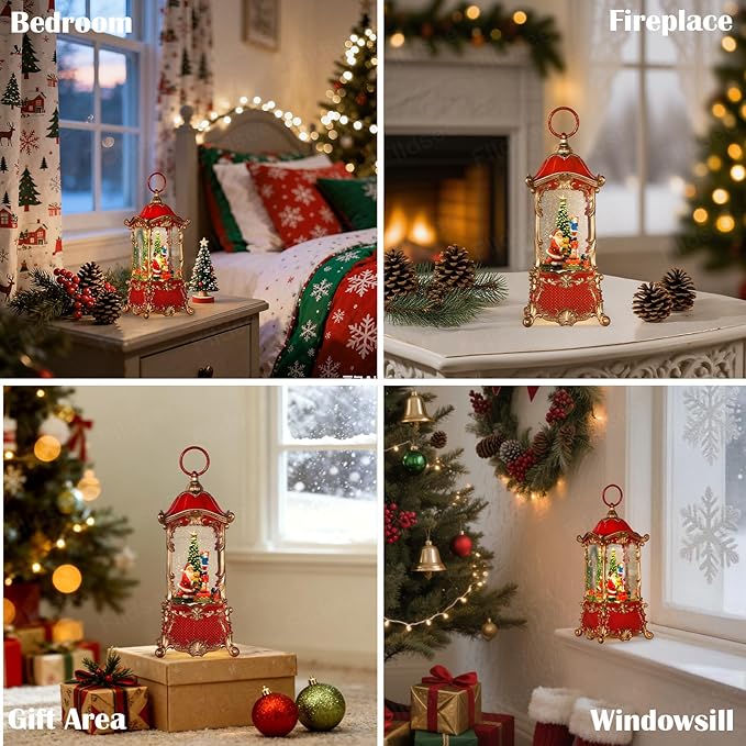 Christmas Snow Globes Santa Claus Snow Globe Lantern, Lighted Christmas Decorations Indoor for Home with Music Timer Glitter, Rotating Train Festival Gifts, USB & Battery Operated 12.5 inch
