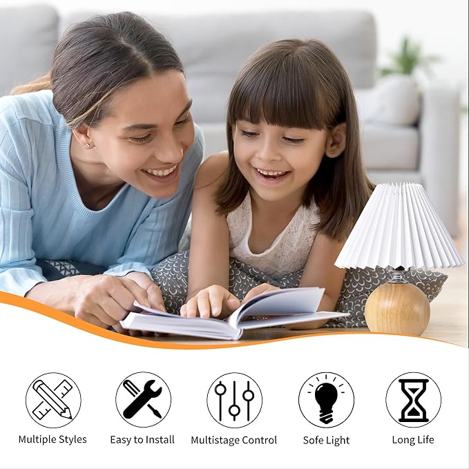 Korean Pleated Table Lamp Ins DIY Ceramic Table Lamps for Living Room Home Deco Cute Lamp with Tricolor Led Bulb Beside Lamp (Wood and White)