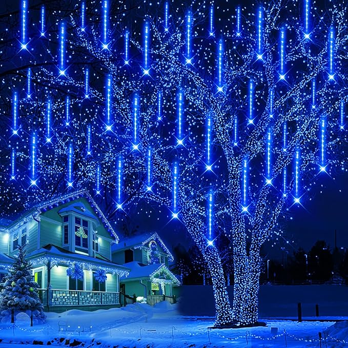 Outdoor Christmas Decorations, 12 inch/ 30 cm Meteor Shower Lights, Icicle Lights for Tree, Xtmas Decorations for Yard House Wedding Party, Blue