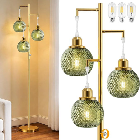 QiMH Modern Floor Lamps for Living Room, Standing Lamp with 3 Lights, 68" Tall Lamp for Bedroom, Green Vintage Glass Lamp with Stepless Dimmable for Home Decor, 3 LED Bulb Included, Brushed Gold
