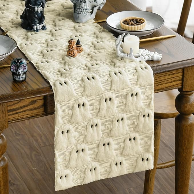 Artoid Mode Beige Ghost Soft Plush Faux Fur Jacquard Halloween Table Runner, Holiday Kitchen Dining Table Decoration for Home Party Decor 13x36 Inch
