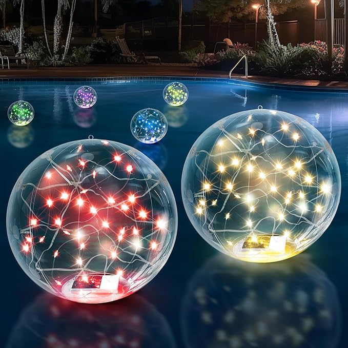14" Solar Floating RGB LED Pool Lights (2 Pack), Remote Control, Waterproof, Timer, Outdoor Pool Accessories