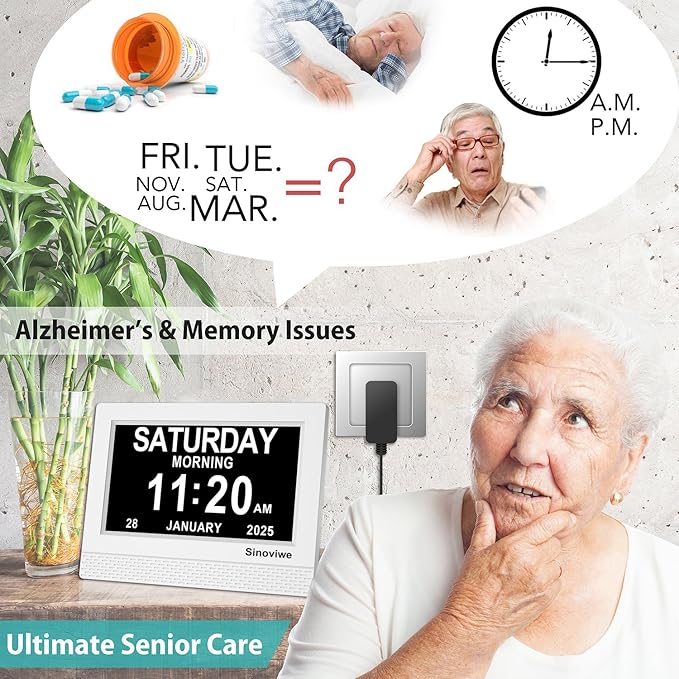Digital Alarm Clock 7" HD Large Screen Digital Calendar with Auto-Dimming, Clear Day/Date Display for Alzheimer's Dementia Seniors & Low Vision with Remote Control and Custom Reminder Function(White)