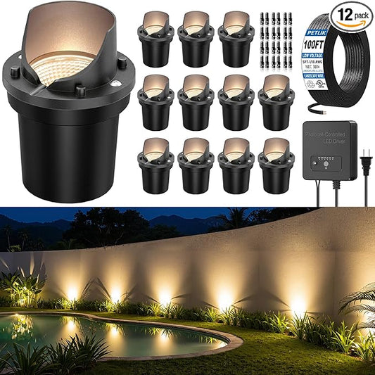 All-in-One Low Voltage Landscape Lighting 12W LED Well Lights IP67 Outdoor In-Ground Lights Waterproof with 144W Transformer, 2700K Warm White Pathway Lighting for Yard Garden, 12 Pack