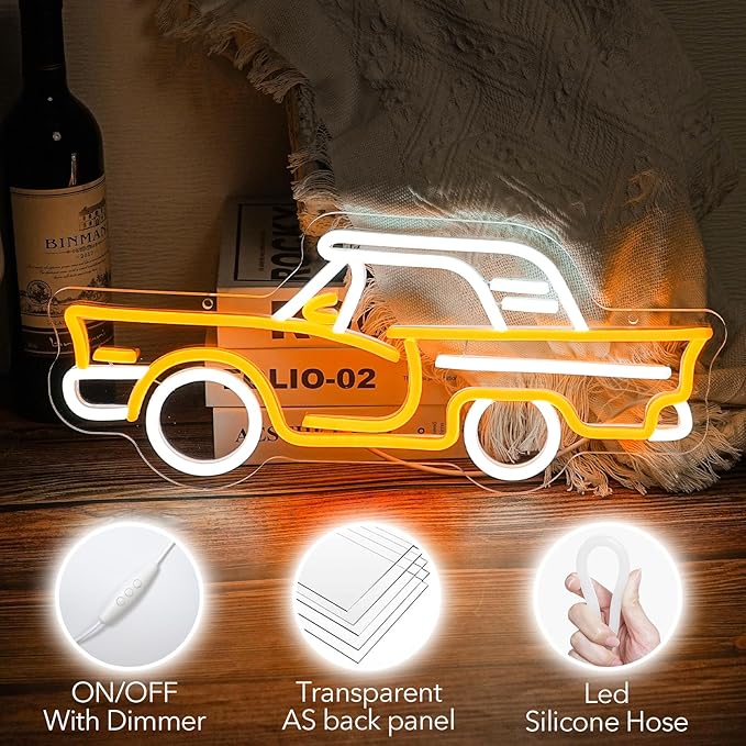 Car neon sign, Golden Yellow + White Led Signs USB Powered,For Bedroom Salon Bar Gym Garage Carpark Decor, Retro Car Led neon light sign(17.1x7.3in)