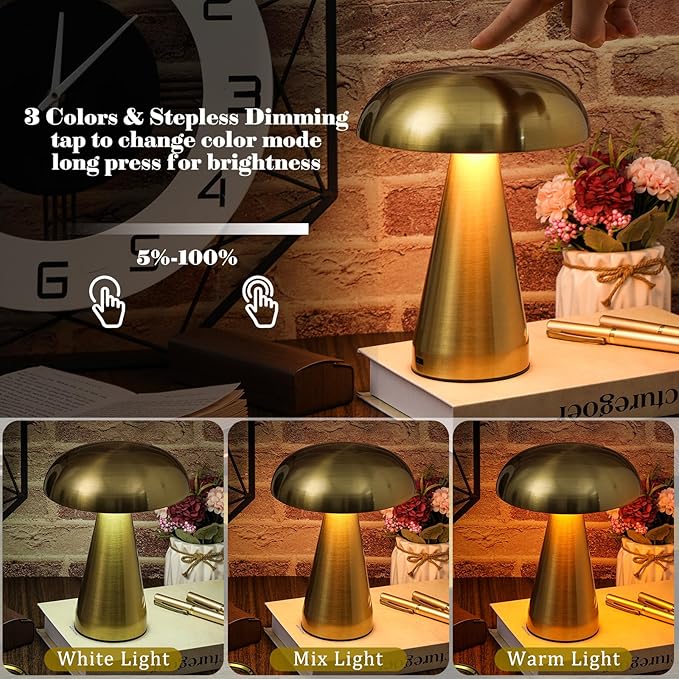 VIHOSE Set of 2 LED Mushroom Lamps Portable Metal Table Lamp with Touch Sensor 3 Color Stepless Dimming Desk Lamp Rechargeable Battery up to 15 Hours Cordless Lamp for Bedroom Nightstand Room Decor