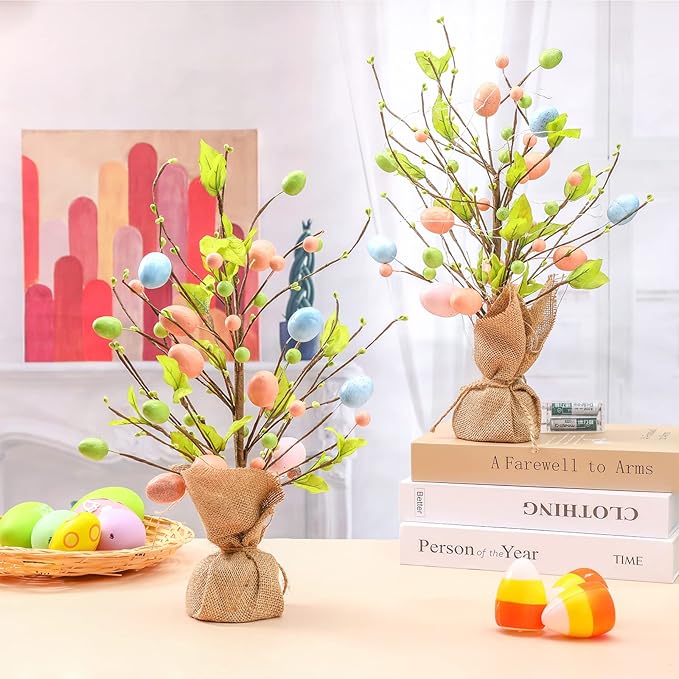 Marsui 2 Pcs Easter Egg Tree Decorations 18 Inch Pre Lit Easter Egg Tree Tabletop Decor with LED Light Spring Party Decoration Gifts for Home Table Centerpieces Pastel Blue Pink Yellow