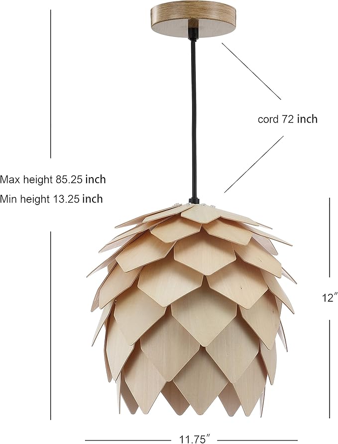 JONATHAN Y 11.75" Natural/Black 1-Light Wood Pendant Light, Organic Modern Scandinavian Artichoke Silhouette, Adjustable Height Ceiling Fixture, UL Listed, LED Bulb Included JYL6125A