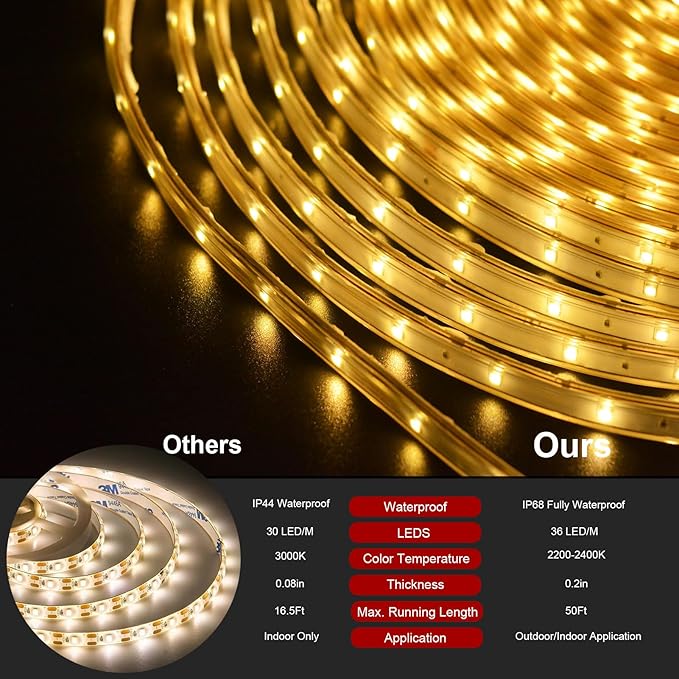 50Ft Solar LED Strip Lights Outdoor, 540 LED Long Strip Lights IP68 Fully Waterproof Acrylic Tape with Remote Self-adhesive, Cuttable Auto ON/OFF Rope Lights for Patio Pool Camping Decor (Warm White)