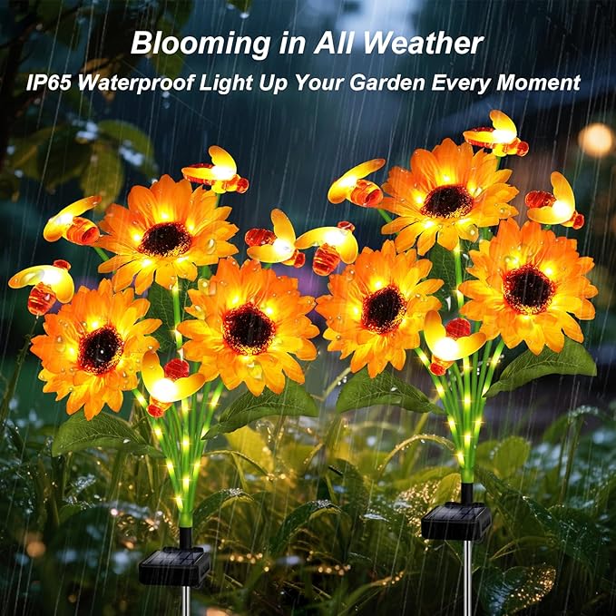 Solar Garden Lights 4 Pack Solar Swaying Bee Lights with Sunflowers, Gifts for Mom Women Mothers Day, Waterproof Firefly Flower Light for Outdoor Decor,Decoration for Patio Yard Landscape