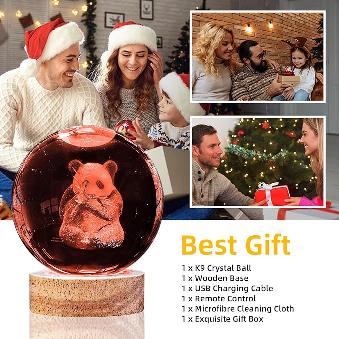 3D Panda Crystal Ball Night Light with 16 Color LED Wooden Base 3.15 Inch Glass Ball Lamps with Remote for Birthday Christmas Cute Panda Gifts for Lovers Boys Girls Friend (Upgraded)