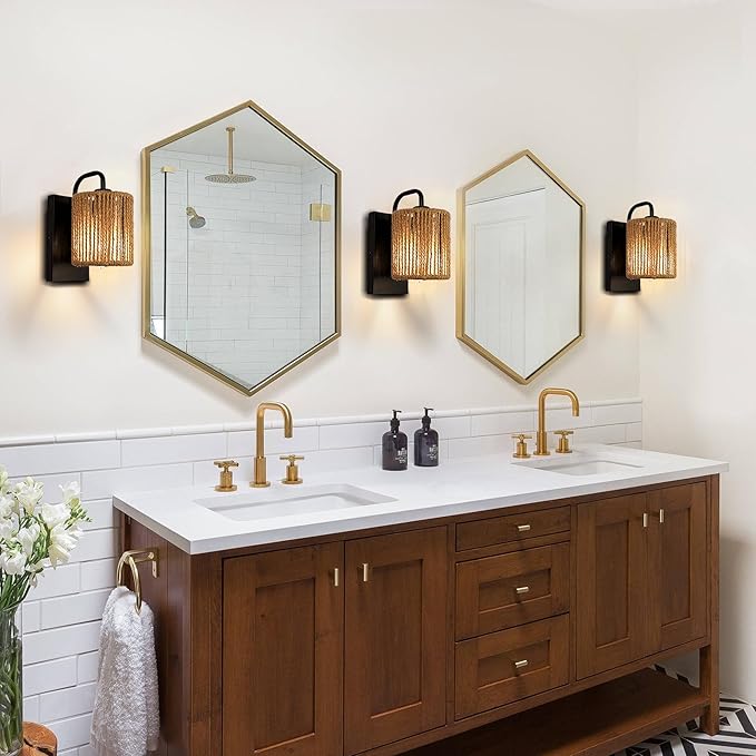 Boho Wall Sconce, Rattan Wall Light Fixtures with Hemp Rope Sconces for Living Room Bathroom Hallway Rustic Bohemian Modern Woven Scocne E26 10inch
