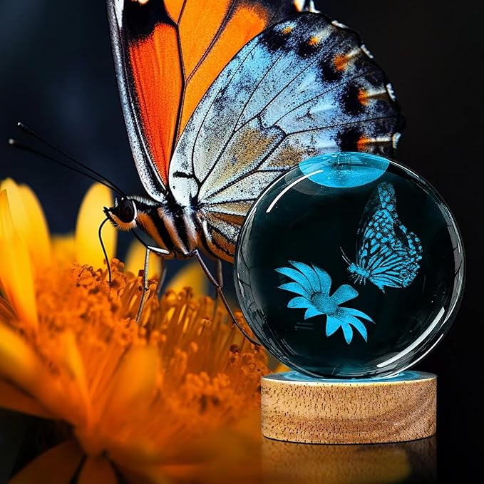 3D Butterfly Crystal Ball Night Light with 16 Colors and 4 Modes, Upgraded K9 Crystal, 3.15 Inch Butterfly and Flower Figurines, Remote Control, Gift Box