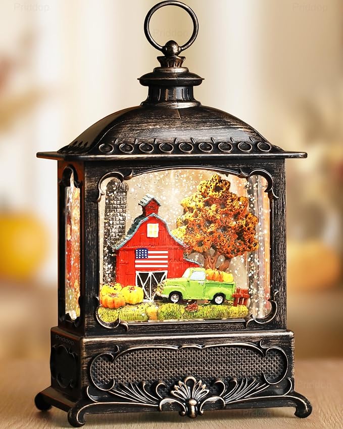 Fall Snow Globe Lantern Fall Decorations for Home Thanksgiving Autumn Harvest Fall Decor Swirling Glitter Snow Globes Barn Truck Pumpkin Farm Timer Music