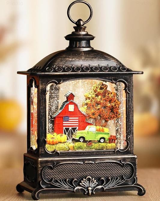 Fall Snow Globe Lantern Fall Decorations for Home Thanksgiving Autumn Harvest Fall Decor Swirling Glitter Snow Globes Barn Truck Pumpkin Farm Timer Music