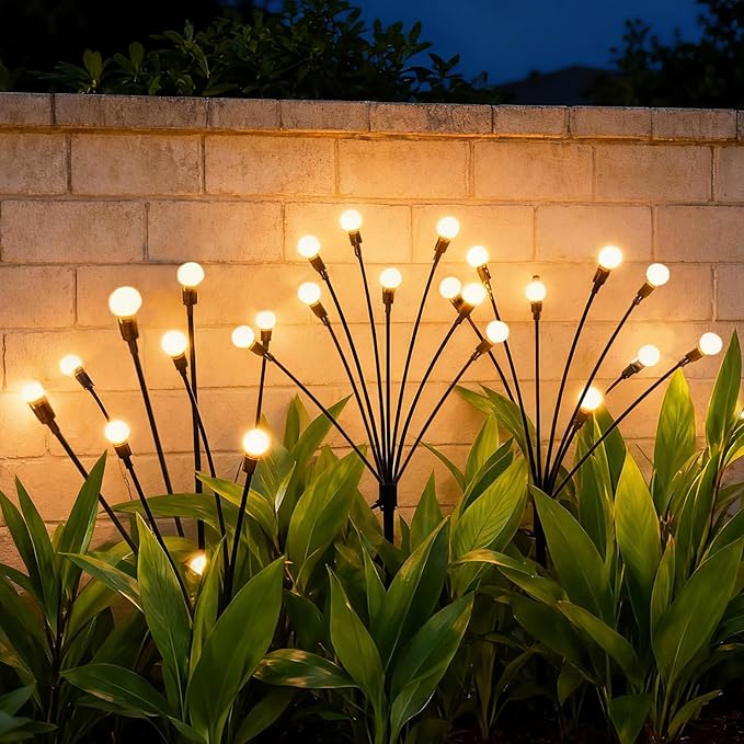 2 Pack IP65 Waterproof Solar Firefly Lights, 16 LED Warm White Swaying Lamps with Realistic Effect, Wind-Activated 8 Hrs Runtime No Wiring for Landscape Yard Patio Halloween Christmas Decor