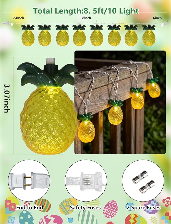 8.5Ft Pineapple String Lights, Hawaiian Beach Themed Party Lights with 10LED Warm White Waterproof Pineapple Fairy Lights, Tropical Decoration for Indoor Outdoor Party Bedroom Wedding Birthday Pool