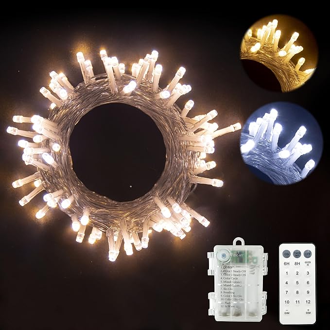 GHJ Battery Operated Remote Control Rainproof LED String Lights, Color Changing Fairy Lights for Christmas Tree Xmas Garden Party (White-Warm, 200LEDs)