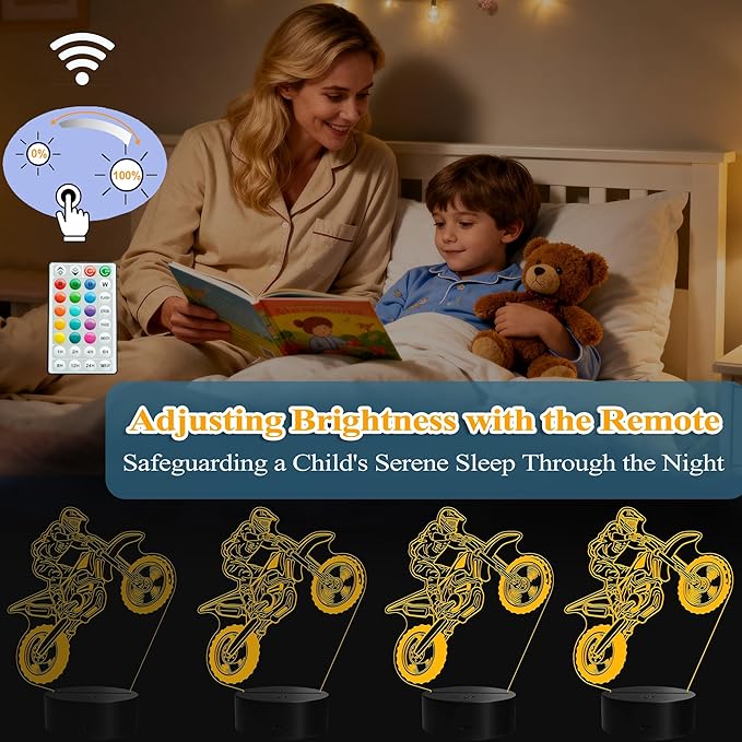 Dirt Bike Night Light, Dirt Bike Gifts, 3D Illusion Lamp with Remote Control, 16 RGB Colors, 4 Flashing Modes, Timer, Dimmable, Kids Room Decoration for Holiday Birthday Christmas