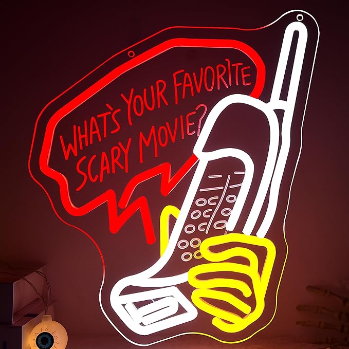 What'S Your Favorite Scary Movie Neon Sign for Wall Decor Dimmable Gothic LED Neon Light for Escape Room Bedroom Bar Halloween Party Terrifying Interior Birthday Gifts Size 14.3 * 11.2 Inch(TWP357)