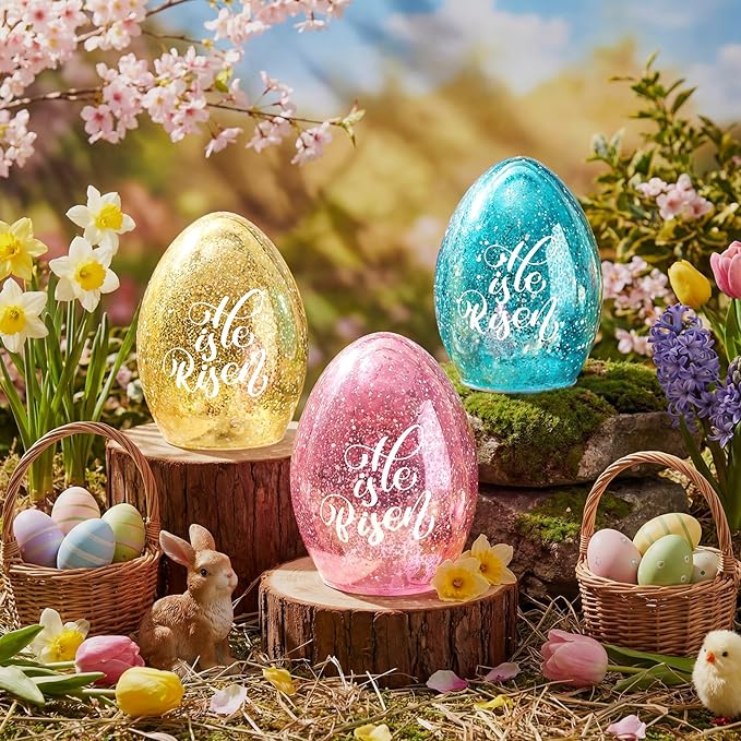 3 Pack Easter Egg Light Decorations, He is Risen Table Centerpiece Lights with Timer Mercury Glass Egg Lamps, Spring Easter Decorations Indoor, 6 Inch Lighted Eggs for Home Decor Battery Operated